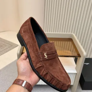 Saint Laurent लूफर भूरा स्यूड YSL मॉनोग्राम स्ट्रैप लूफर