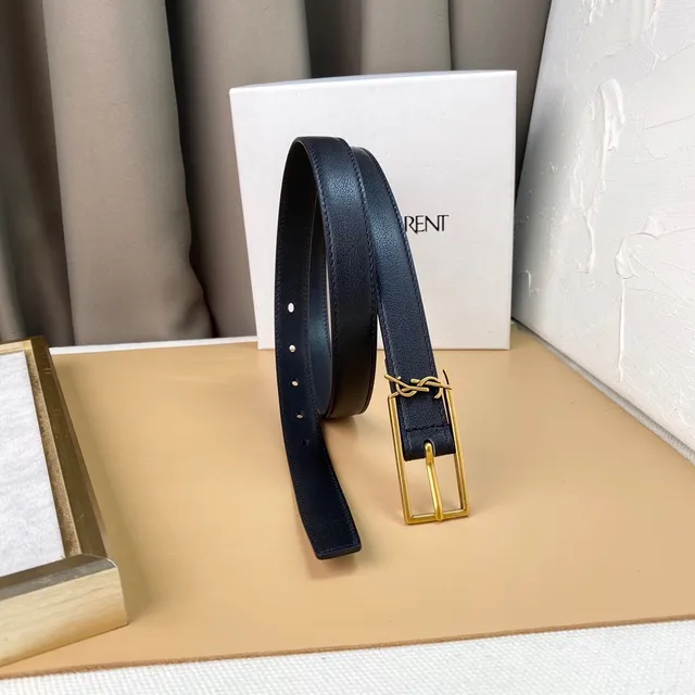 Saint Laurent Monogram Belt أسود ذهبي حزام جلد ضيق 3