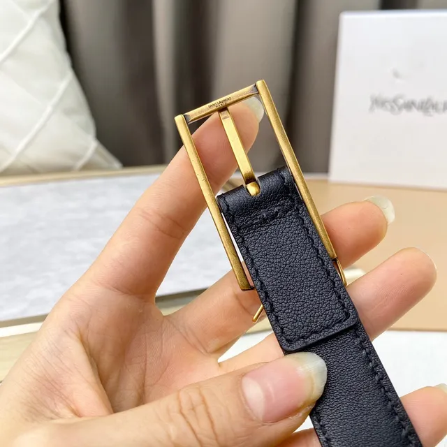 Saint Laurent Monogram Belt أسود ذهبي حزام جلد ضيق 4