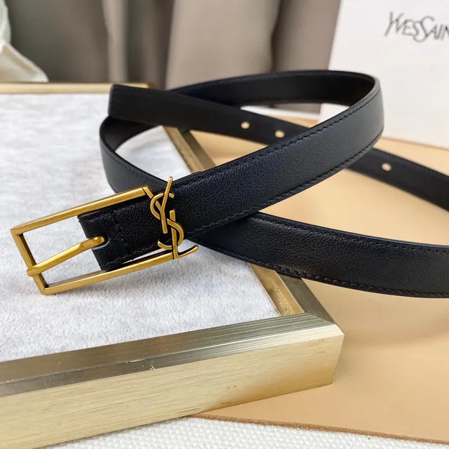 Saint Laurent Monogram Belt أسود ذهبي حزام جلد ضيق 5