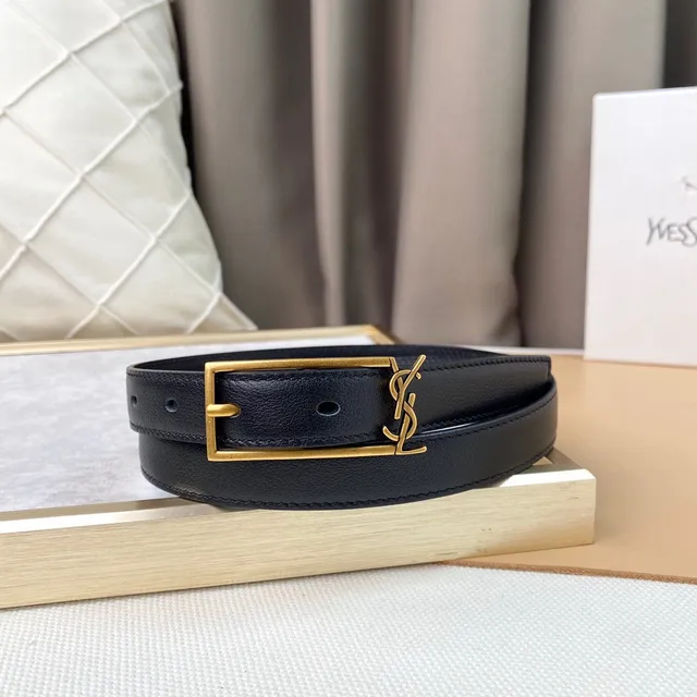 Saint Laurent Monogram Belt أسود ذهبي حزام جلد ضيق 6