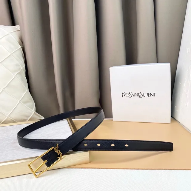 Saint Laurent Monogram Belt أسود ذهبي حزام جلد ضيق 7