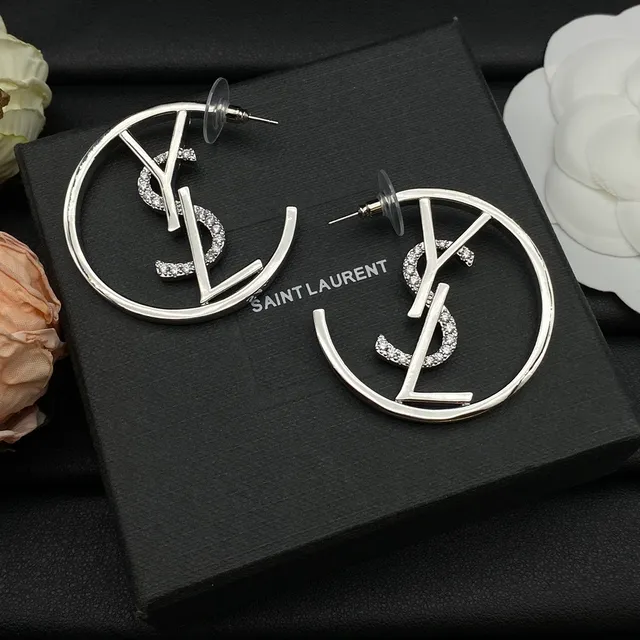 Saint Laurent YSL Logo Hoop Gold Silver Circular Monogram Earrings 4