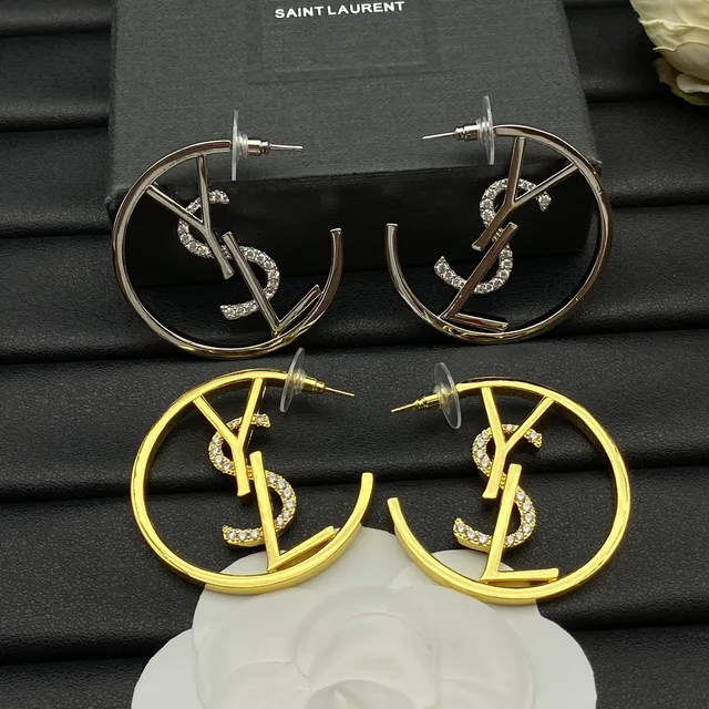 Saint Laurent YSL Logo Hoop Gold Silver Circular Monogram Earrings 7
