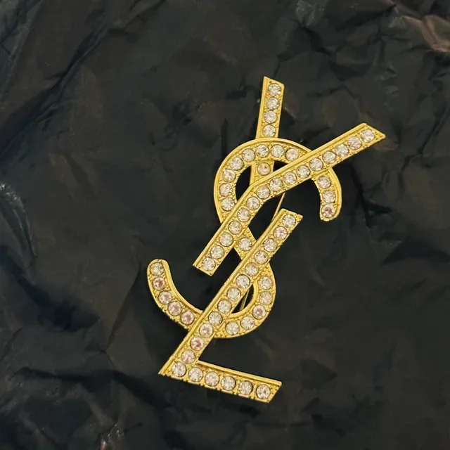 Saint Laurent YSL Monogram Crystal-Embellished Gold-Tone Broche 2