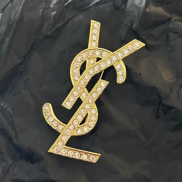 Saint Laurent YSL Monogram Crystal-Embellished Gold-Tone Broche 4