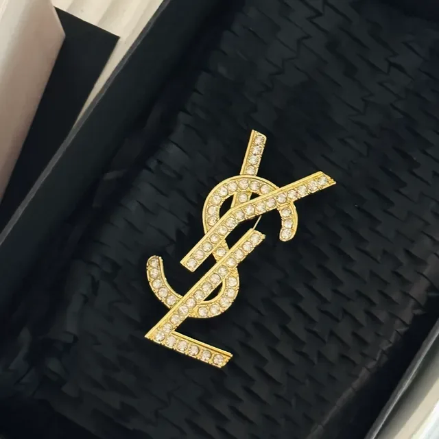 Saint Laurent YSL Monogram Crystal-Embellished Gold-Tone Broche 5