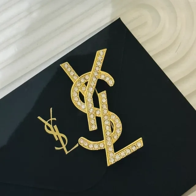 Saint Laurent YSL Monogram Crystal-Embellished Gold-Tone Broche 6
