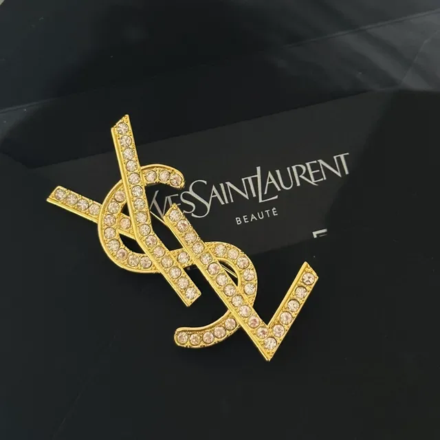 Saint Laurent YSL Monogram Crystal-Embellished Gold-Tone Broche 7