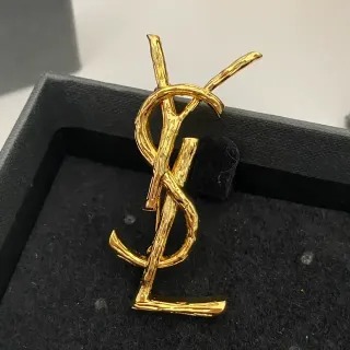 Saint Laurent YSL Monogram Twig Finish Gold-Tone Brooch