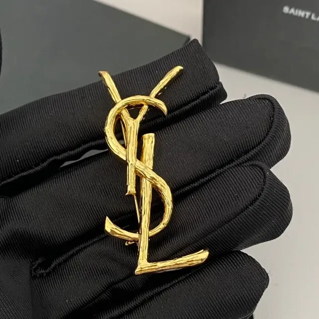 Saint Laurent YSL Monogram Twig Finish Gold-Tone Brooch 2