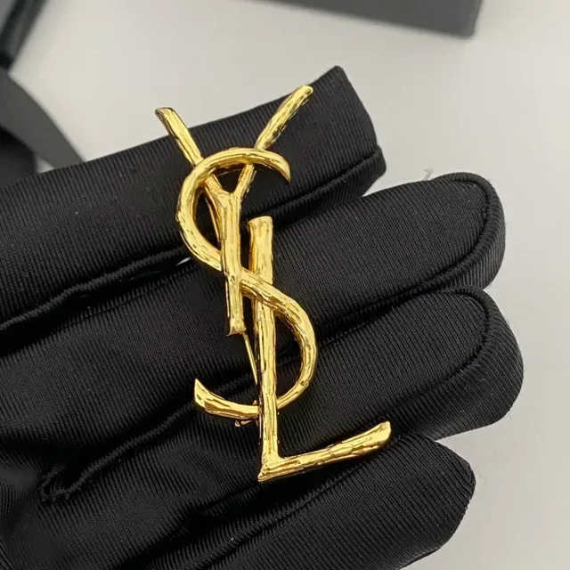 Saint Laurent YSL Monogram Twig Finish Gold-Tone Brooch 3
