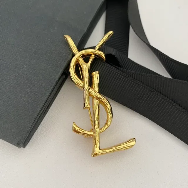 Saint Laurent YSL Monogram Twig Finish Gold-Tone Brooch 4