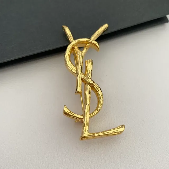 Saint Laurent YSL Monogram Twig Finish Gold-Tone Brooch 5
