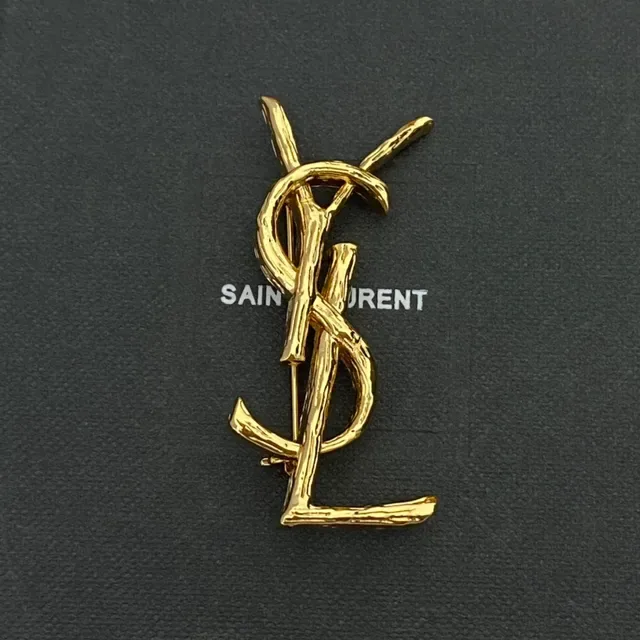 Saint Laurent YSL Monogram Twig Finish Gold-Tone Brooch 6