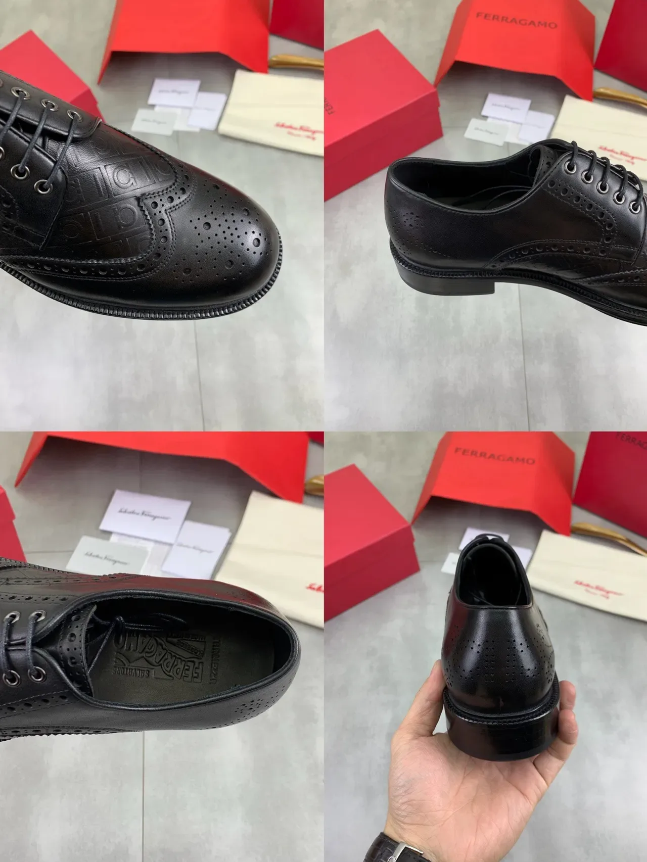 Salvatore Ferragamo Black Full Wingtip Embossed Logo Pattern Brogue 2