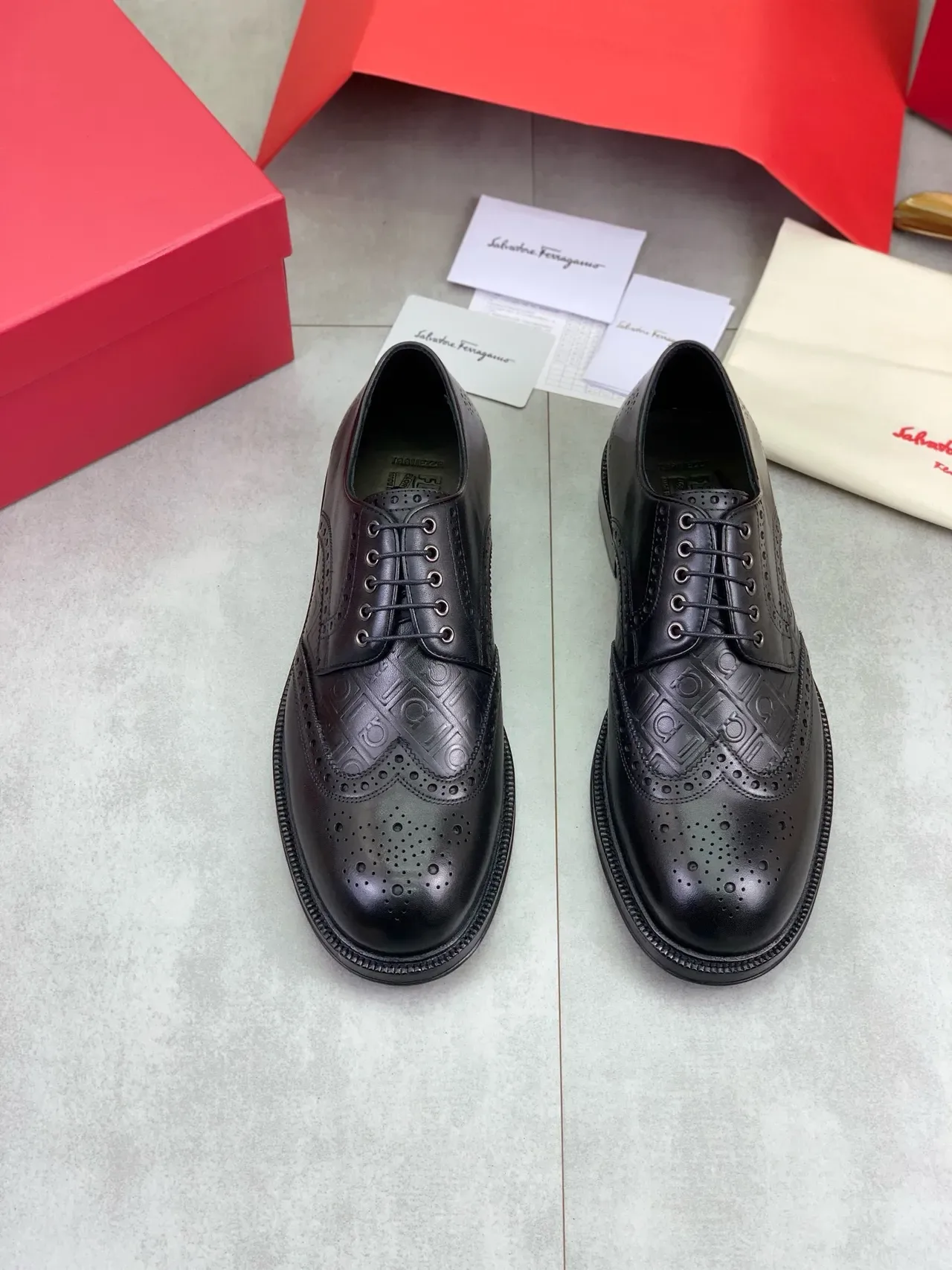 Salvatore Ferragamo Black Full Wingtip Embossed Logo Pattern Brogue 4