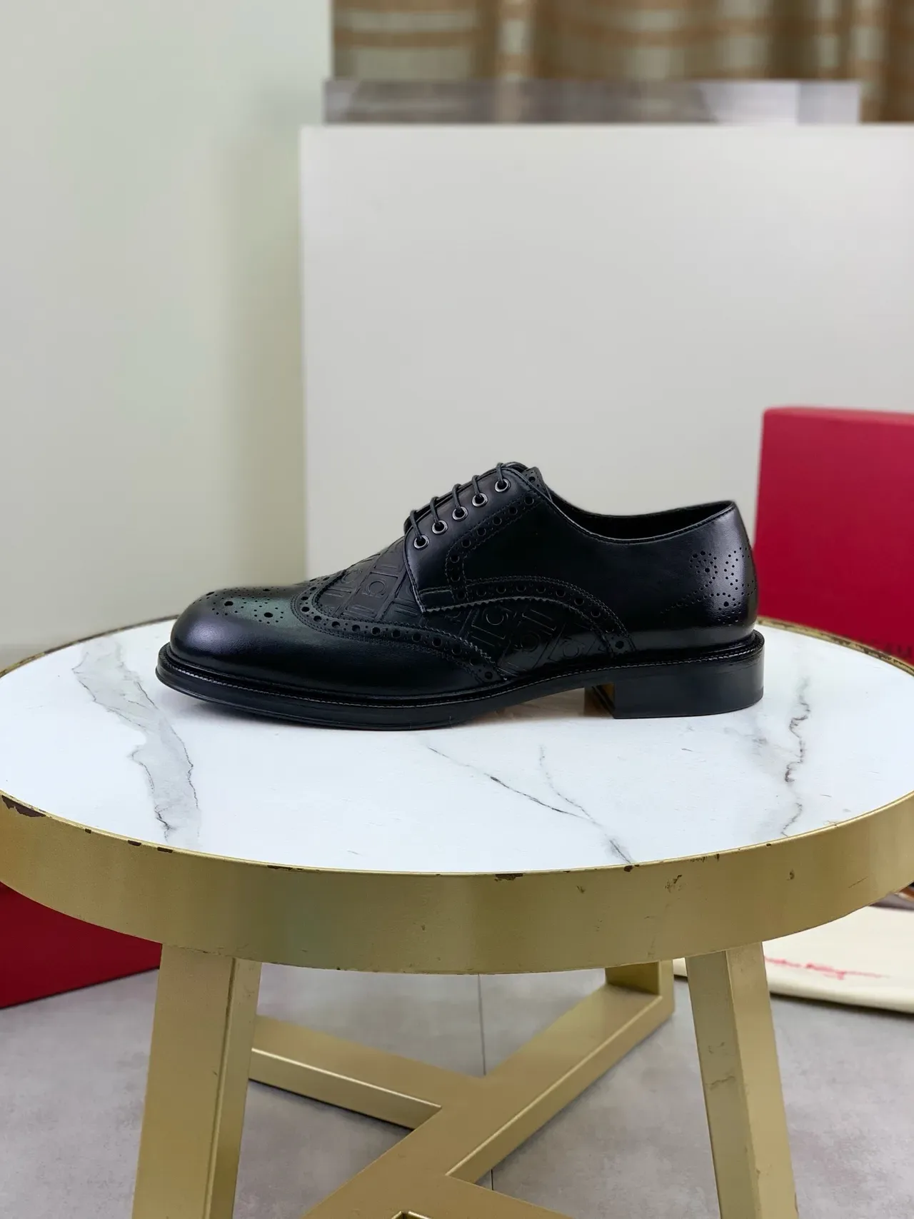 Salvatore Ferragamo Black Full Wingtip Embossed Logo Pattern Brogue 5
