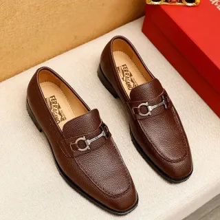 Salvatore Ferragamo Gancini Loafer Brown Pebbled Leather Horsebit Buckle Loafers