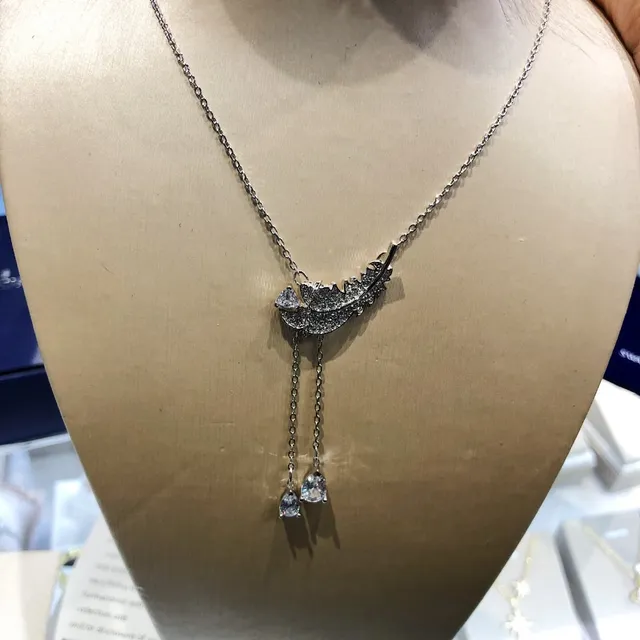 Swarovski Silver Transparent Feather-Shaped Pendant Pavé-Crystal Setting Necklace 6