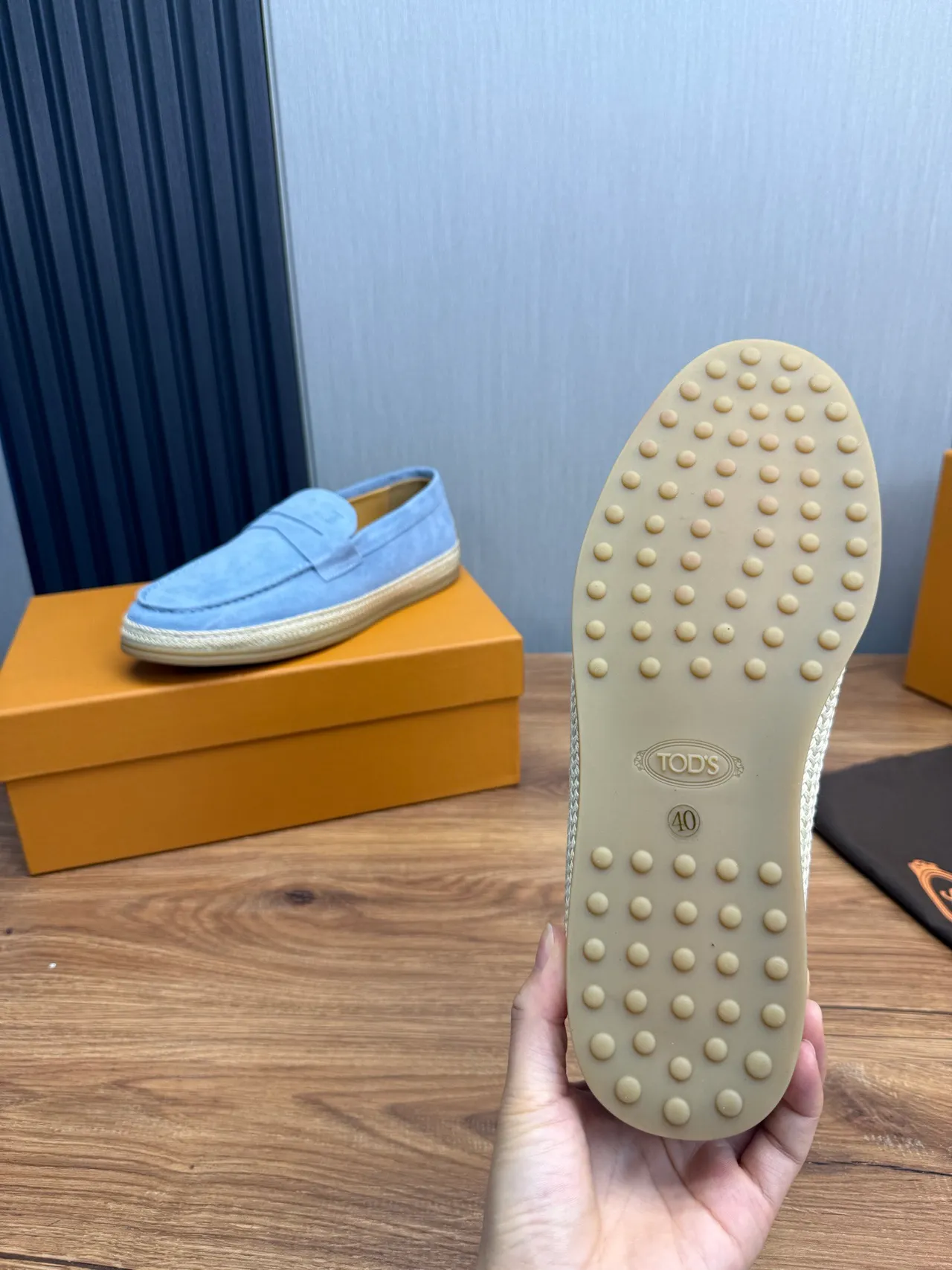 Tod's Mocassim de Camurça Superior Azul Bege Alçadeira Penny 10