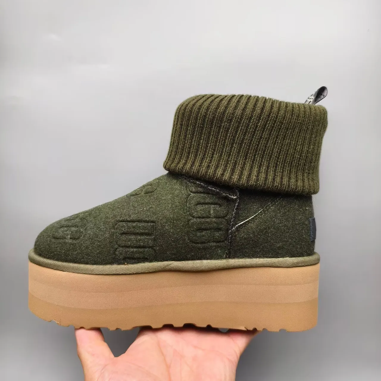 UGG Verde Ejército Beige Suela Plataforma Puño de Punto Acanalado Botas de Nieve 4