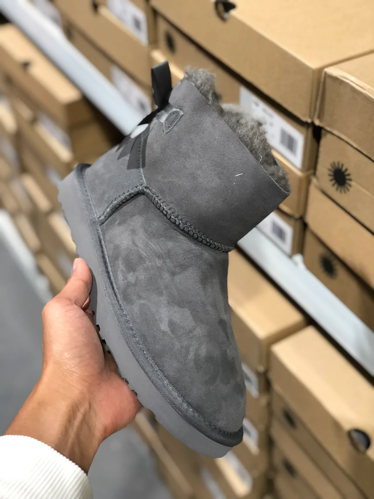 UGG Classic Mini Gray Suede Shearling-Lined Snow Boots 6