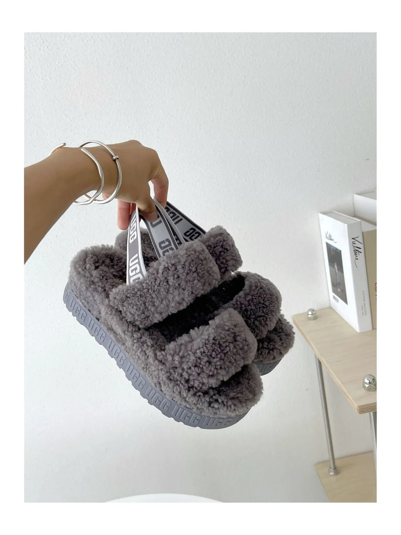 UGG Fluff Gray Fluffy Shearling Dual-Strap Slippers 2