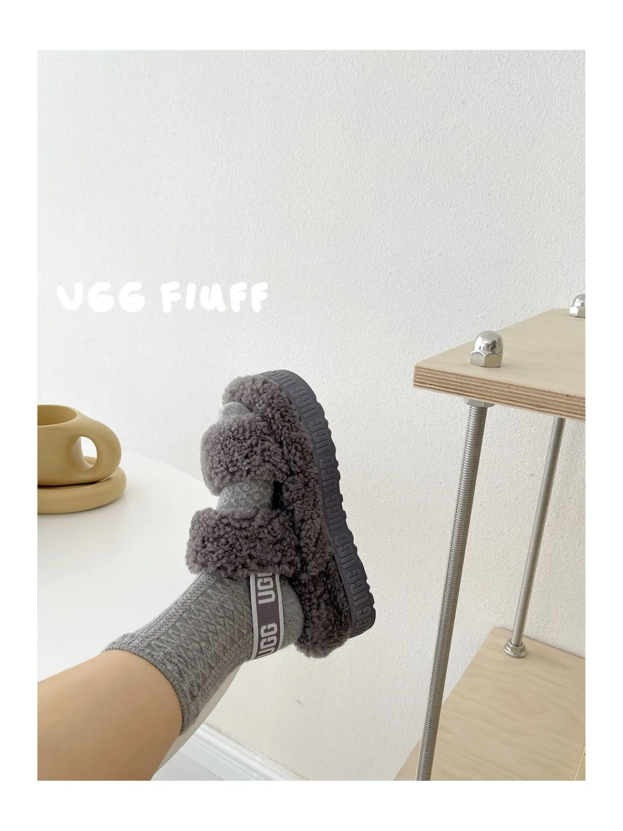 UGG Fluff Gray Fluffy Shearling Dual-Strap Slippers 7