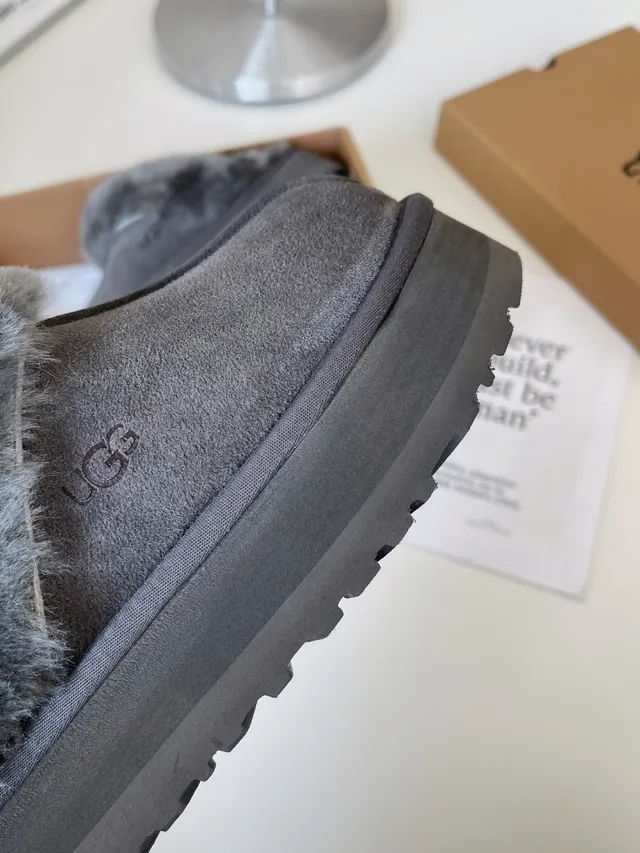UGG Gray Platform Sole Shearling-Lined Slippers 7