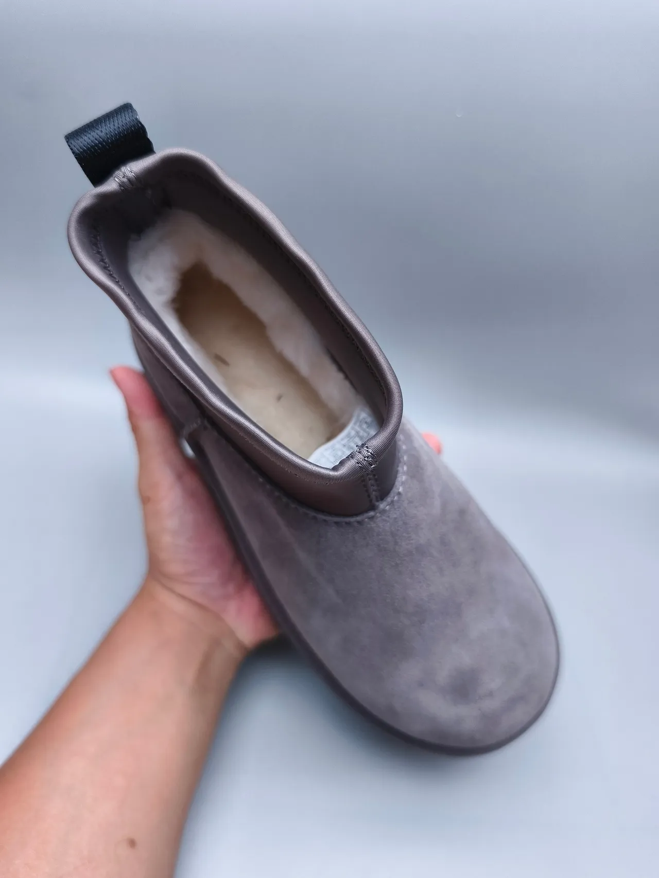 UGG رمادي أبيض منصة كعب جلد ناعم علوي أحذية ثلج 3