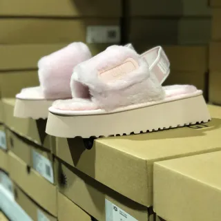 UGG Pink Beige Fluffy Shearling Upper Thick Platform Sole Slippers