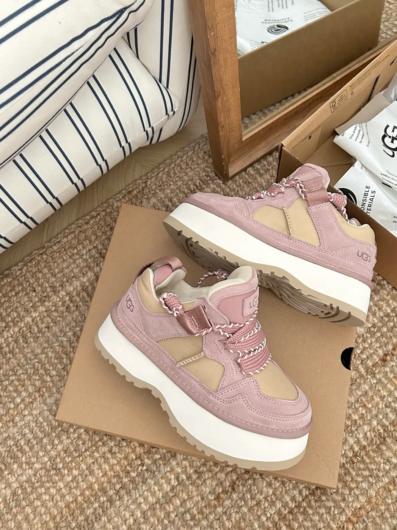 UGG Pink Beige Platform Sole Suede And Mesh Paneling Chunky Sneakers 7