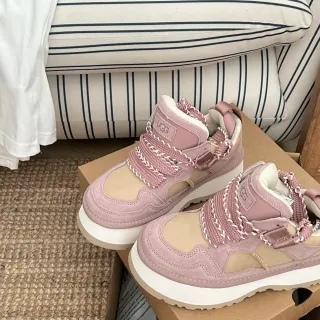 UGG Pink Beige Platform Sole Suede And Mesh Paneling Chunky Sneakers