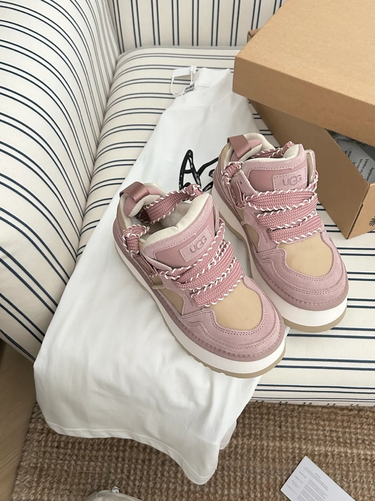 UGG Pink Beige Platform Sole Suede And Mesh Paneling Chunky Sneakers 2