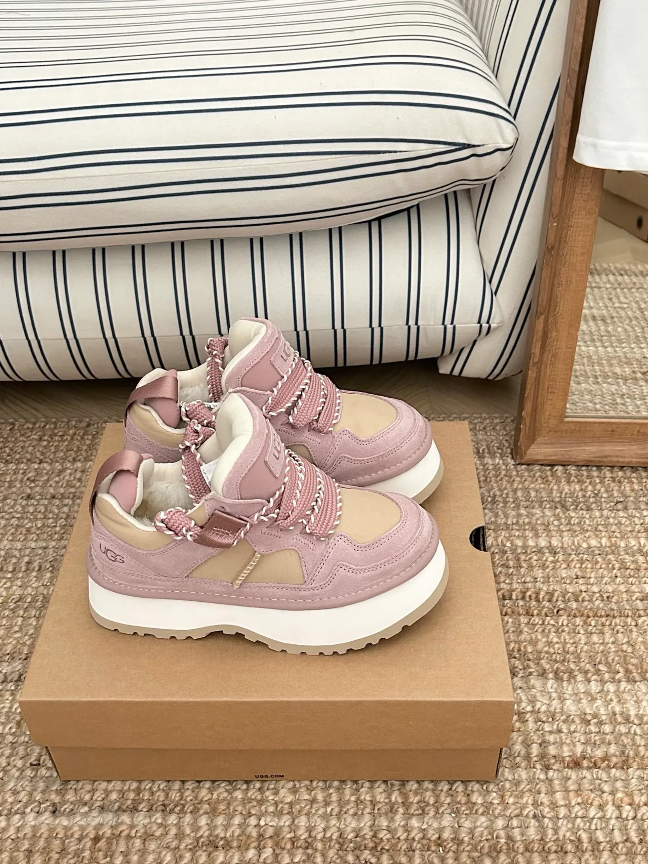 UGG Pink Beige Platform Sole Suede And Mesh Paneling Chunky Sneakers 4