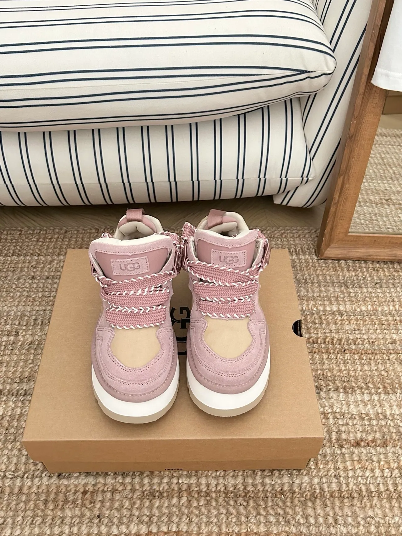 UGG Pink Beige Platform Sole Suede And Mesh Paneling Chunky Sneakers 9