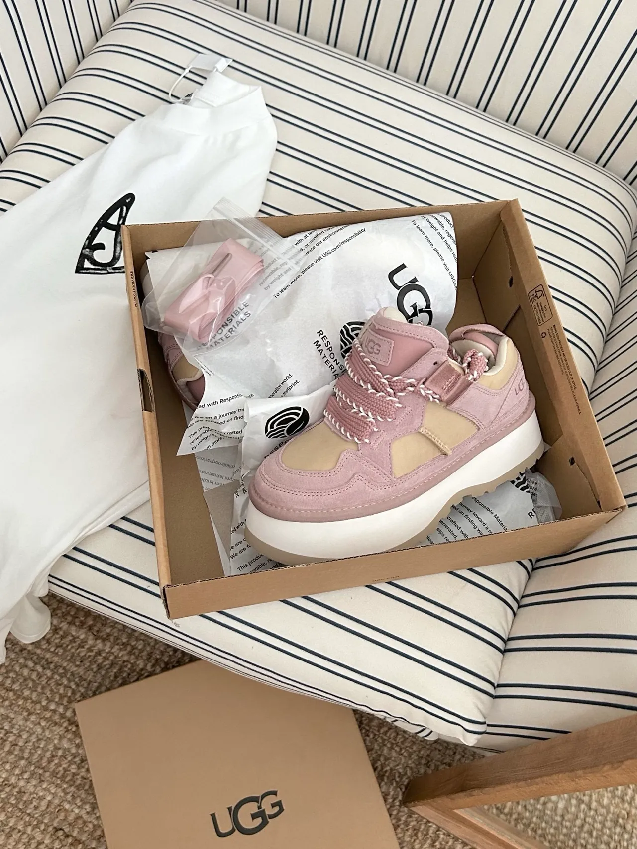 UGG Pink Beige Platform Sole Suede And Mesh Paneling Chunky Sneakers 6