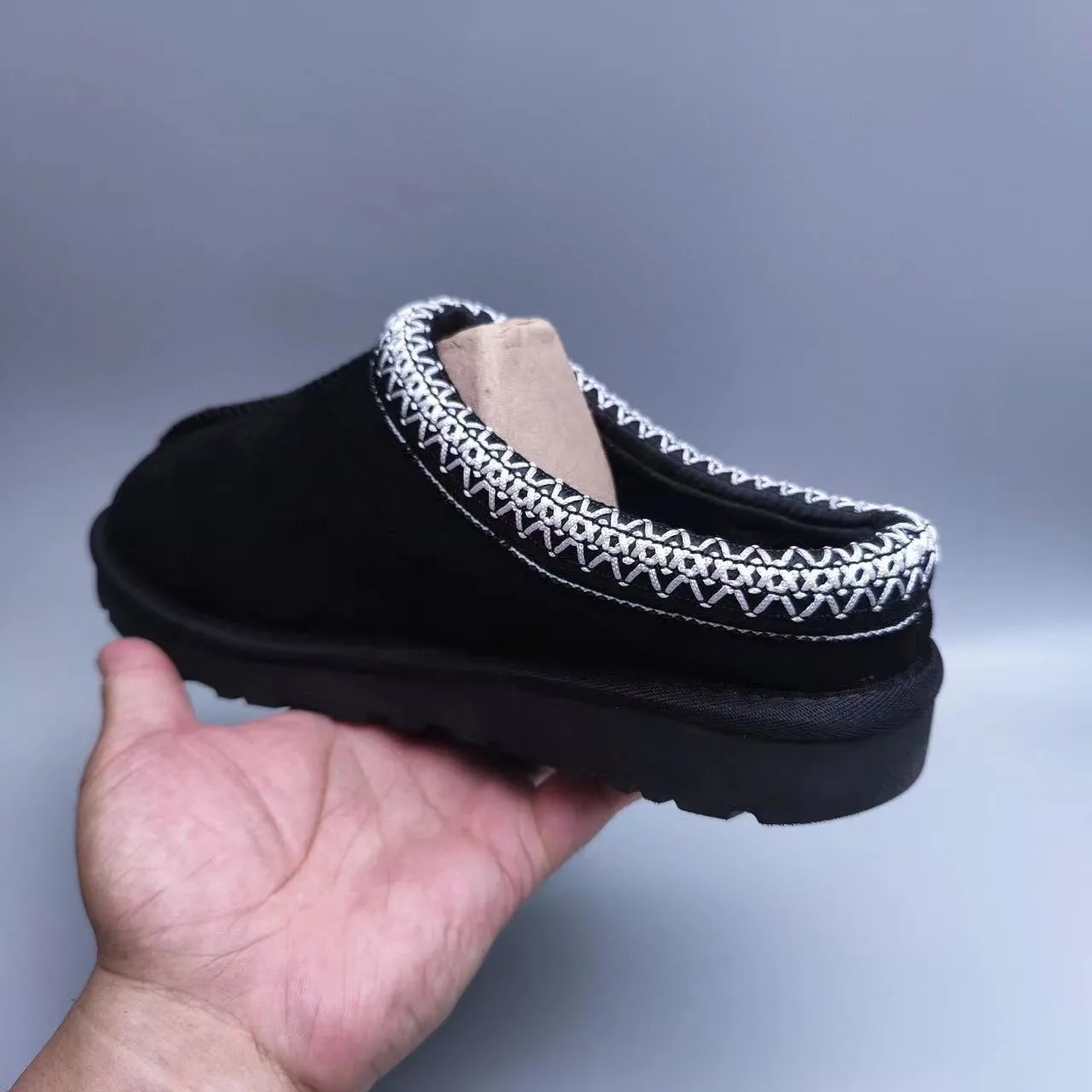 UGG Tasman Black Silver Suede Upper Braided Trim Collar Slippers 2