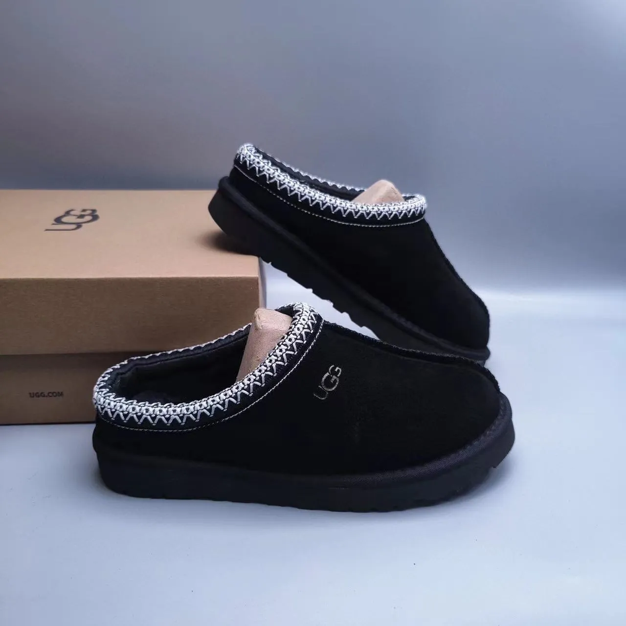 UGG Tasman Black Silver Suede Upper Braided Trim Collar Slippers 4