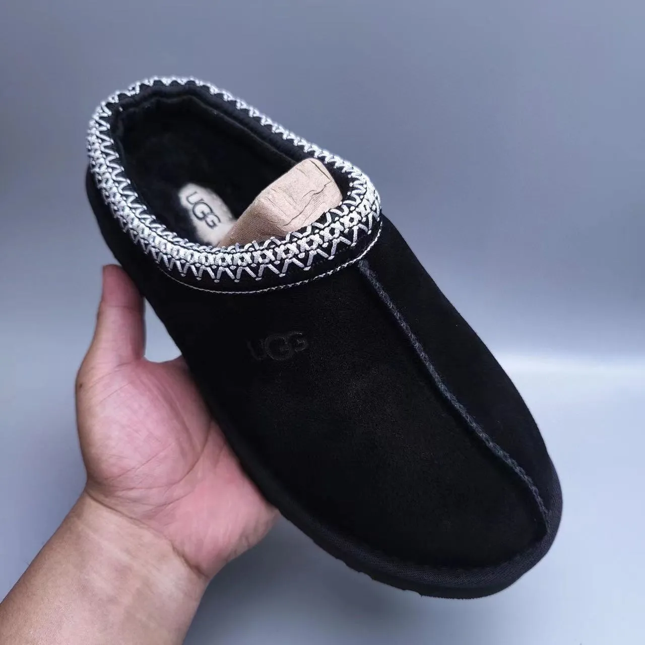 UGG Tasman Black Silver Suede Upper Braided Trim Collar Slippers 5