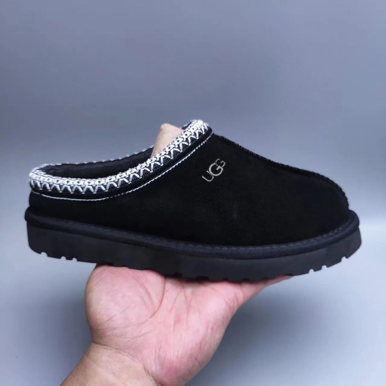 UGG Tasman Black Silver Suede Upper Braided Trim Collar Slippers 6