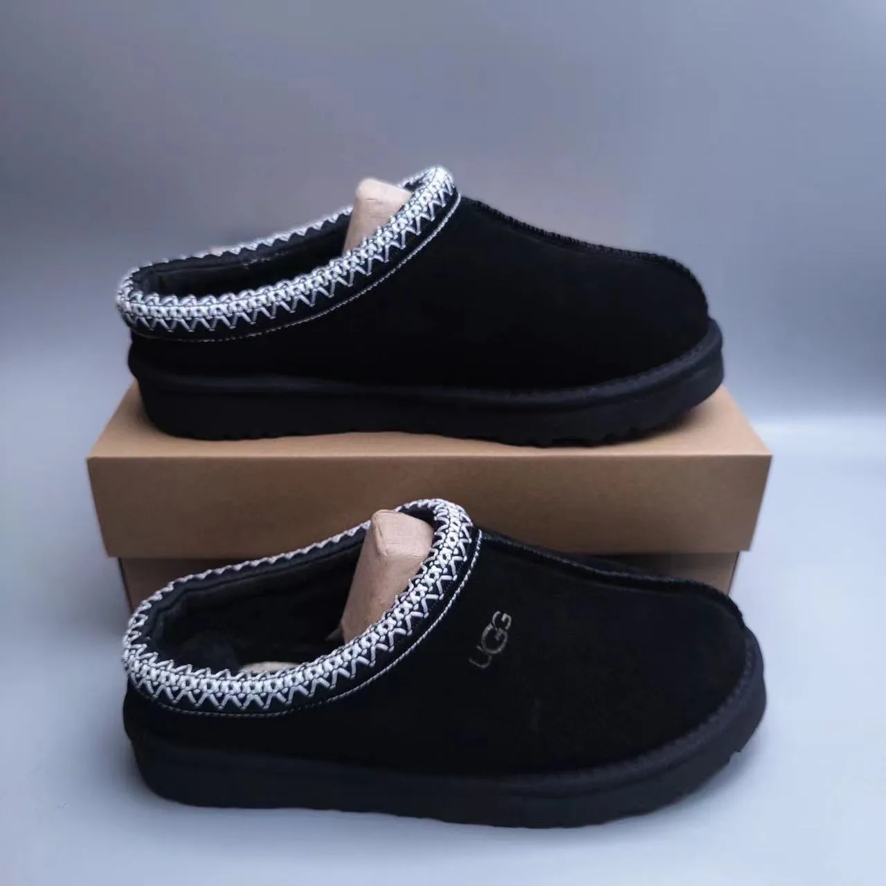 UGG Tasman Black Silver Suede Upper Braided Trim Collar Slippers 8