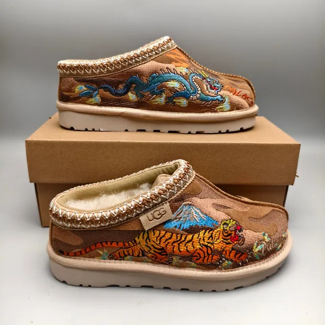 UGG Tasman بني بيج مطرز نمط النمر مربوط حياكة حافة أحذية كاجوال 5
