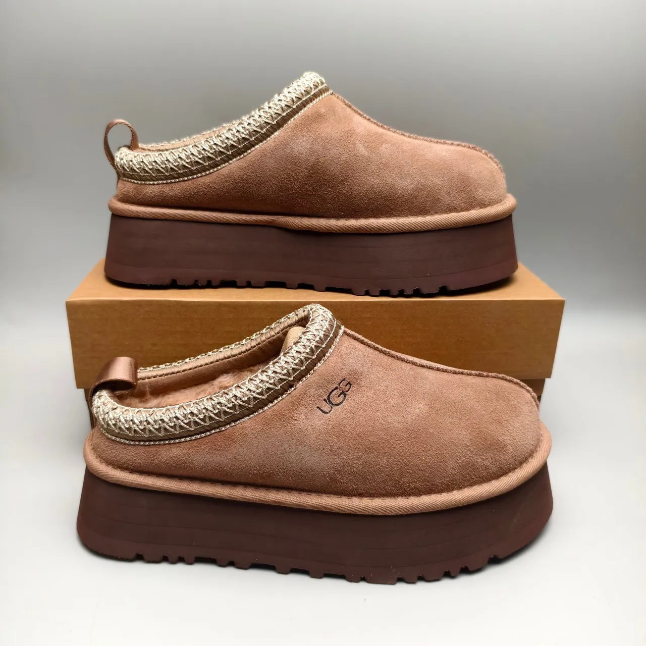 UGG Tasman Brown Beige Platform Sole Woven Knit Trim sapatos casuais 5