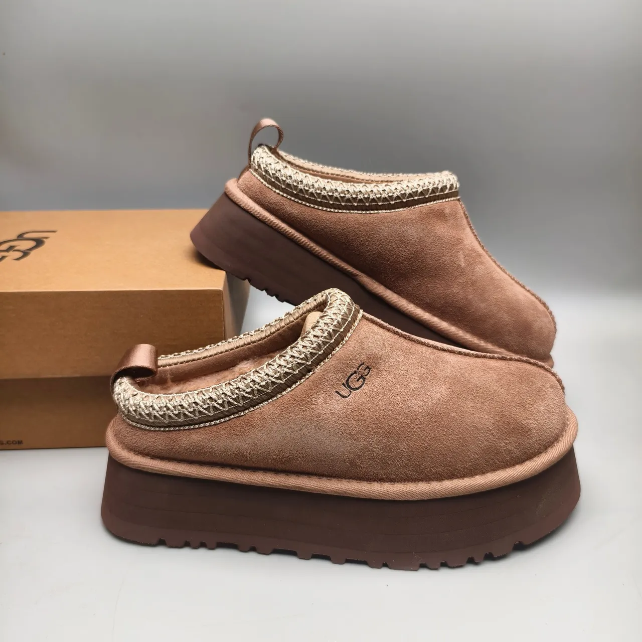 UGG Tasman Brown Beige Platform Sole Woven Knit Trim sapatos casuais 6