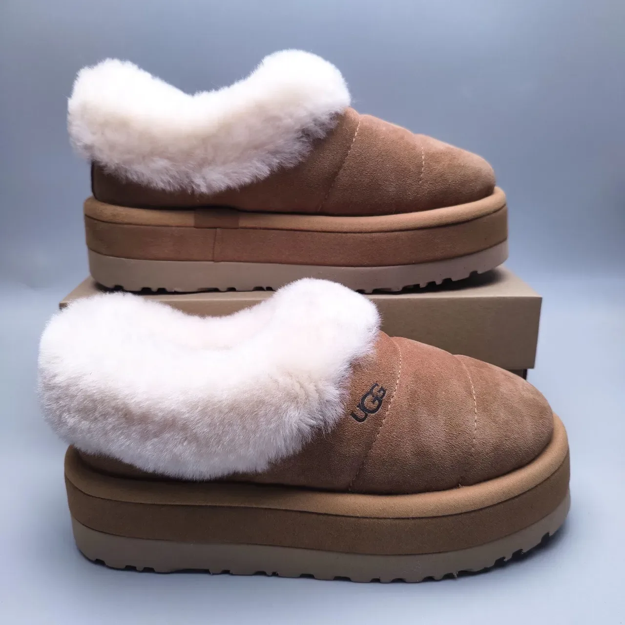 UGG Tasman ব্রাউন হোয়াইট প্ল্যাটফর্ম সোল শিয়ারলিং কলার কাজুয়াল শু 7