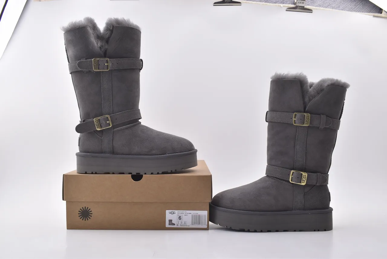 UGG Tasman Charcoal Gray Shearling-Lined Platform Snow Boots 7