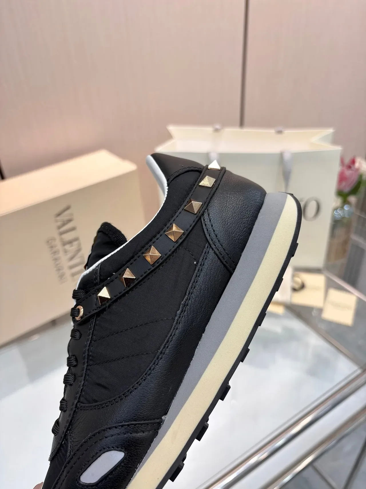 Valentino Black Gold Leather And Fabric Upper Pyramid Studs Lifestyle Sneakers 3