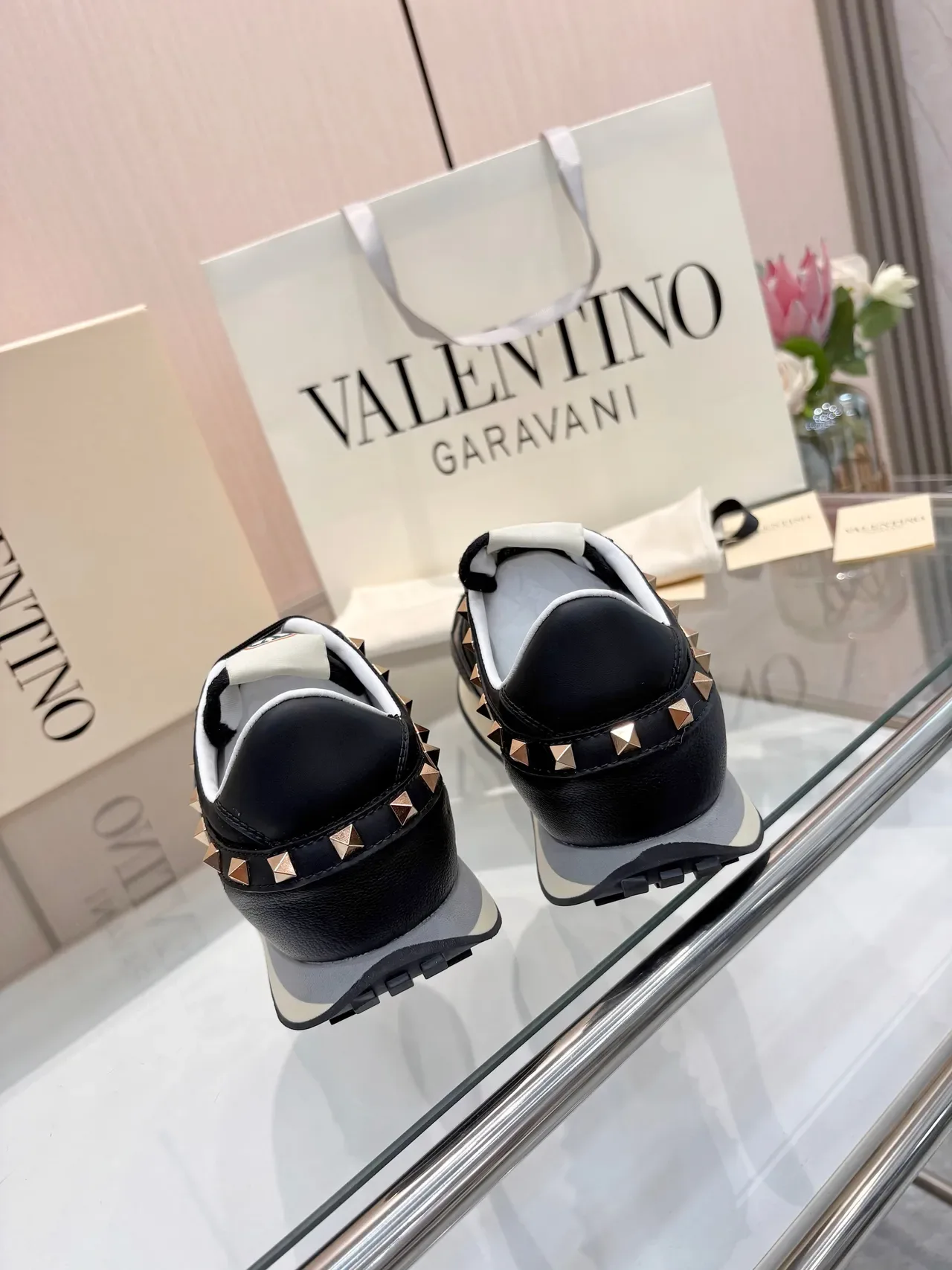 Valentino Black Gold Leather And Fabric Upper Pyramid Studs Lifestyle Sneakers 4
